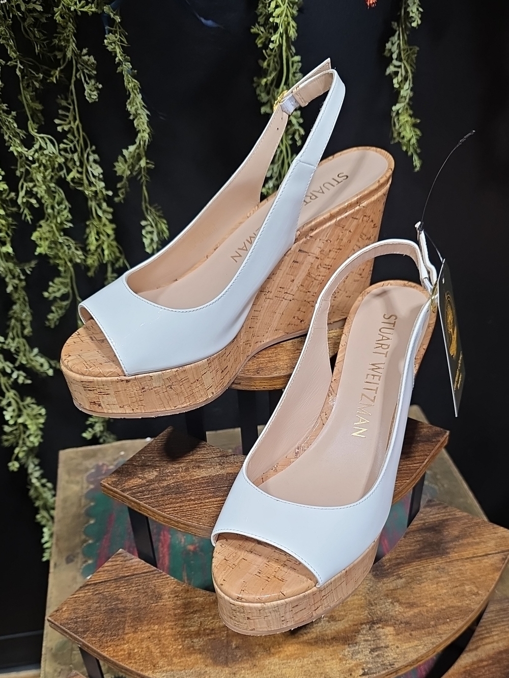 Stuart Weitzman White Cork Wedge Slingback Sandals